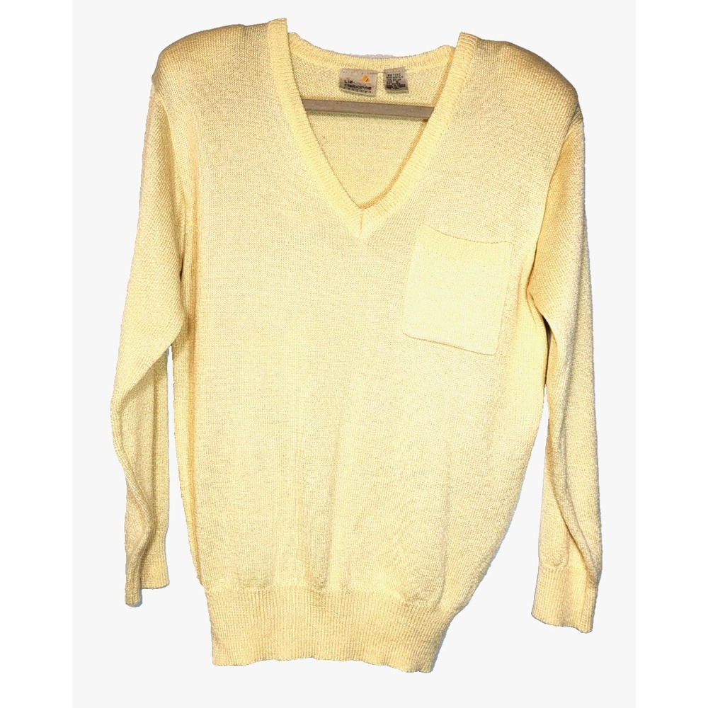 VTG Liz Claiborne Butter Yellow V-neck Sweater‎ Small Pocket Shoulder Pads 80's